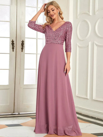 Sexy V Neck A-Line Sequin Evening Dresses with 3/4 Sleeve