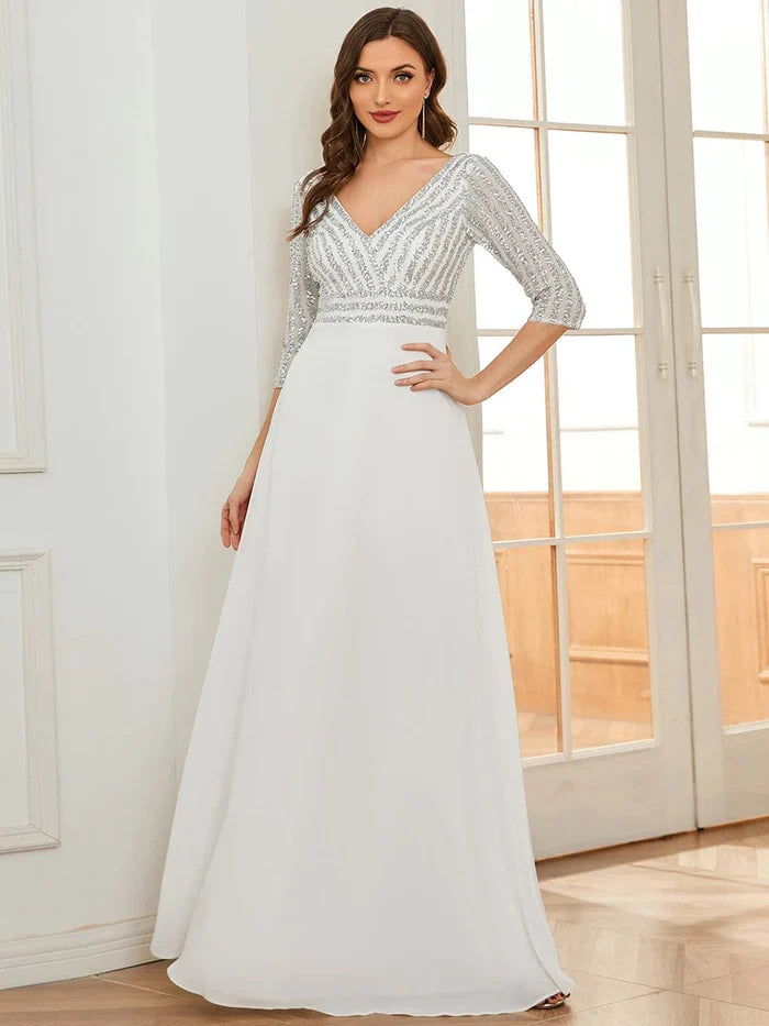 Sexy V Neck A-Line Sequin Evening Dresses with 3/4 Sleeve