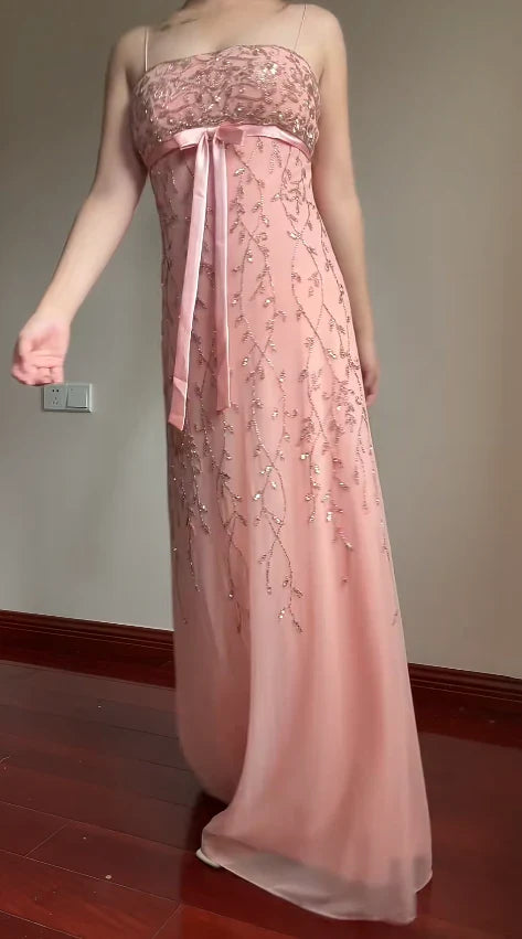 Sweet Element Style Spaghetti Strap Strapless Gown | Pink-Purple Tulle Beaded Maxi Dress for Engagement Luxury Party Bachelorette Gathering gh6433