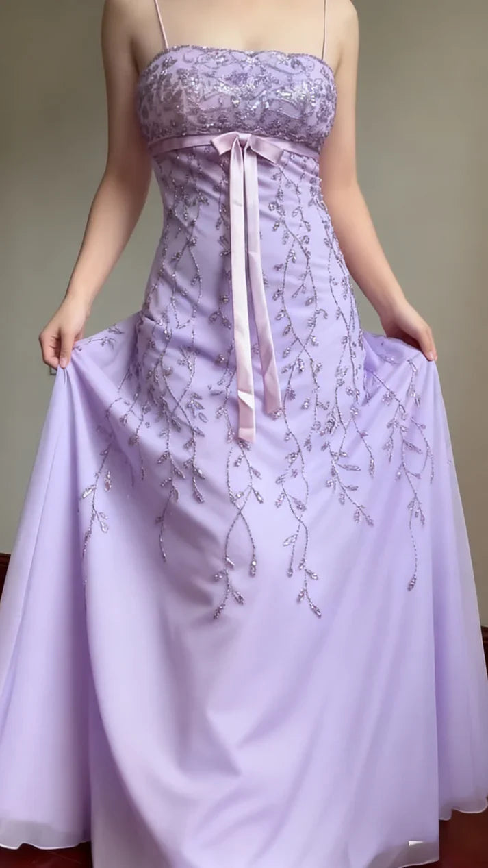 Sweet Element Style Spaghetti Strap Strapless Gown | Pink-Purple Tulle Beaded Maxi Dress for Engagement Luxury Party Bachelorette Gathering gh6433