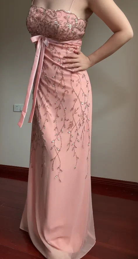 Sweet Element Style Spaghetti Strap Strapless Gown | Pink-Purple Tulle Beaded Maxi Dress for Engagement Luxury Party Bachelorette Gathering gh6433
