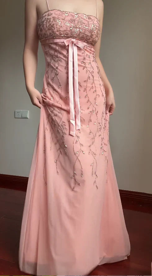 Sweet Element Style Spaghetti Strap Strapless Gown | Pink-Purple Tulle Beaded Maxi Dress for Engagement Luxury Party Bachelorette Gathering gh6433
