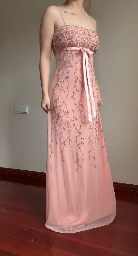 Sweet Element Style Spaghetti Strap Strapless Gown | Pink-Purple Tulle Beaded Maxi Dress for Engagement Luxury Party Bachelorette Gathering gh6433