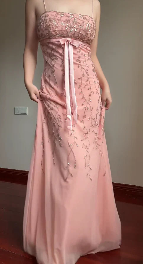 Sweet Element Style Spaghetti Strap Strapless Gown | Pink-Purple Tulle Beaded Maxi Dress for Engagement Luxury Party Bachelorette Gathering gh6433