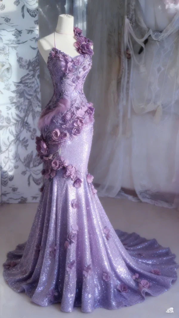 Glamorous Lavender Glitter Mermaid Gown 3D Floral Appliqué Evening Dress TP5710