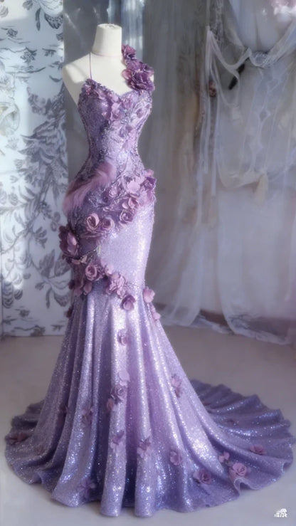 Glamorous Lavender Glitter Mermaid Gown 3D Floral Appliqué Evening Dress TP5710