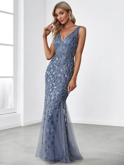 Women's Double V-Neck Fishtail Sequins Evening Dress