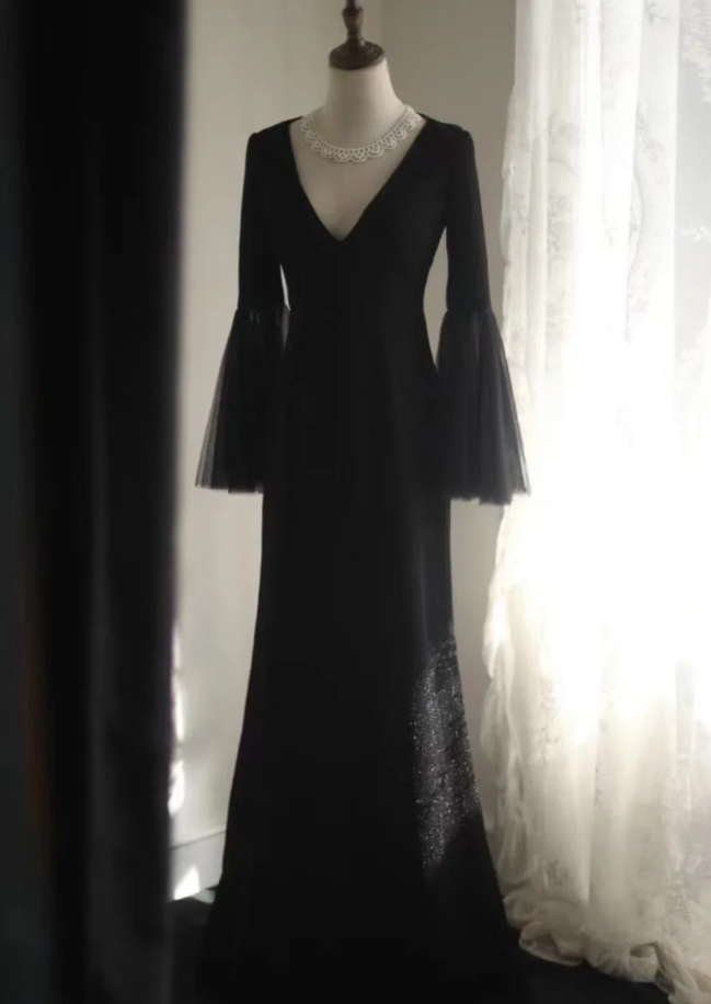 Elegant Black V Neck Satin Sequin Mermaid Party Dress Birthday Prom Gown