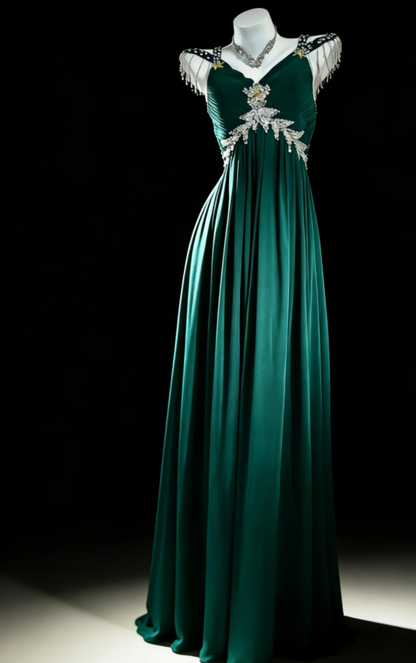 Unique V Neck Dark Green Satin Beaded Long Party Dress Wedding Guest Dress SP1580