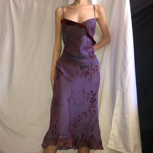 Purple Vintage Print Prom Dress Straps Party Evening Gown cc2307