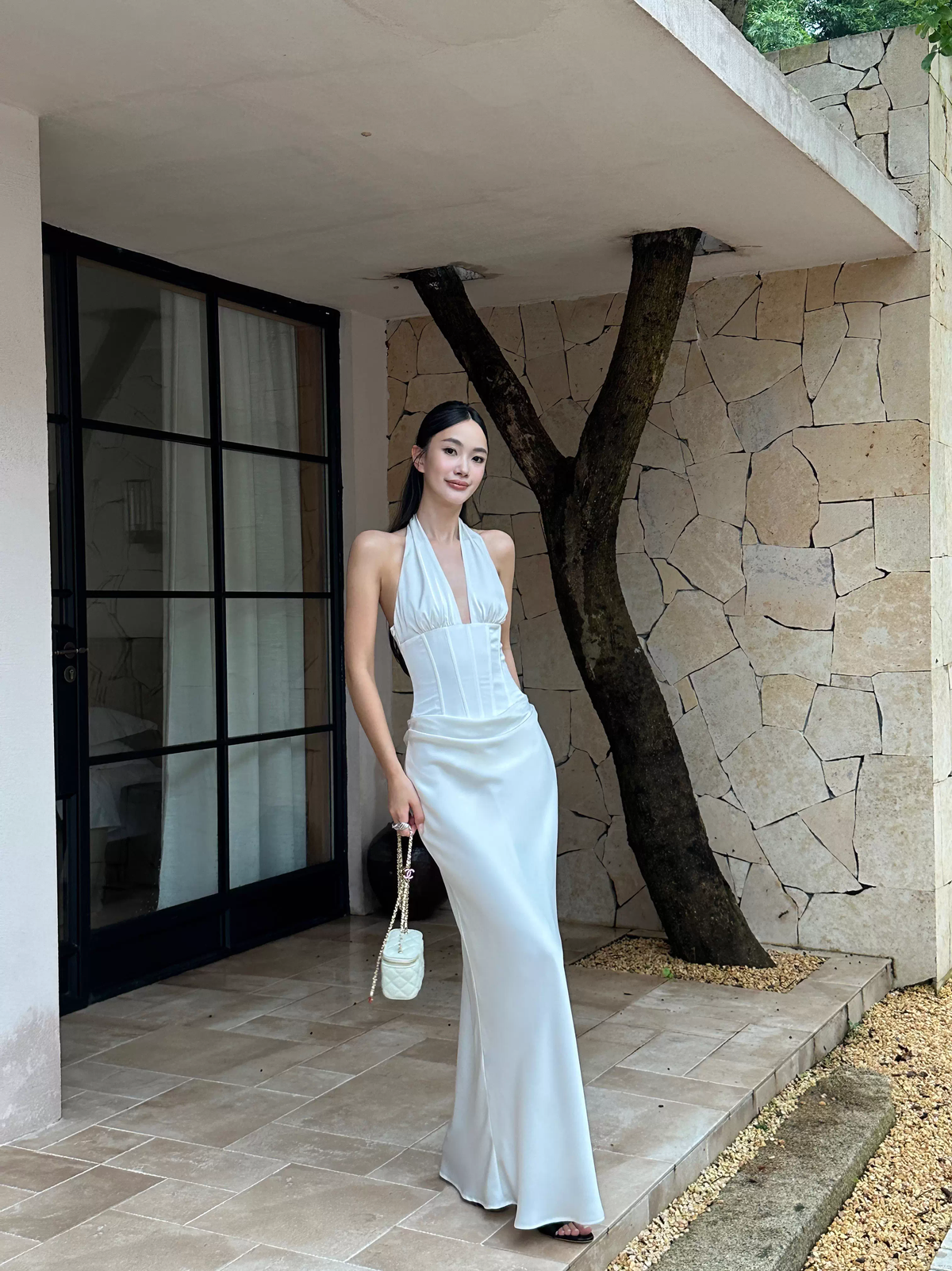 Classy White Halter Satin Mermaid Long Evening Dress Birthday Prom Dress Party Gown