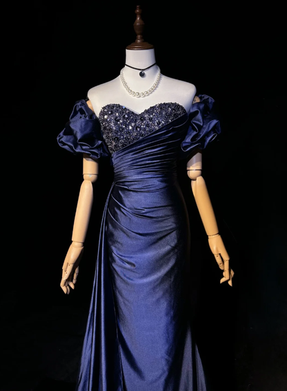 Elegant Off The Shoulder Navy Blue Satin Beaded Mermaid Long Evening Dress 18th Birthday Outfits SP1960