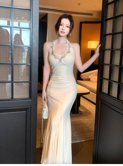 Charming Light Apricot Halter Lace Beaded Mermaid Party Dress Long Birthday Prom Gown SP1497