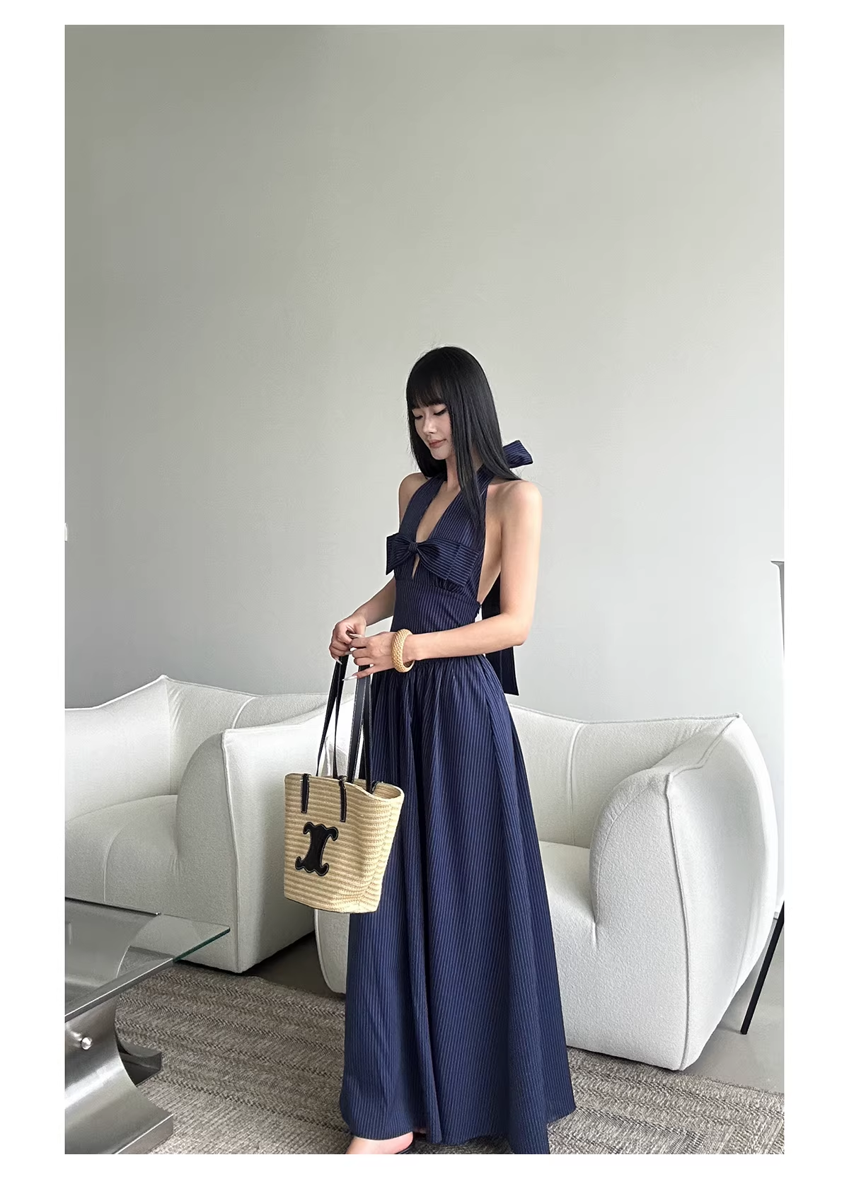 Cute Halter A-Line Black White Striped Butterfly Bow V-Neck Long Evening Dress Birthday Party Gown
