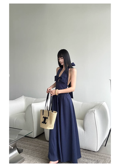 Cute Halter A-Line Black White Striped Butterfly Bow V-Neck Long Evening Dress Birthday Party Gown