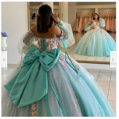 Blue Ball Gown Quinceanera Dresses Off Shoulder Long Sleeve Corset Sweep Train C1915