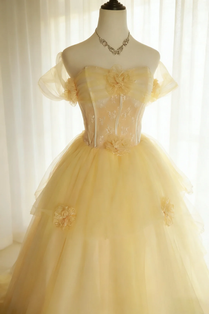 Fairy Off The Shoulder Yellow Tulle Lace Appliques Long Birthday Party Dress Prom Gowns SP2034