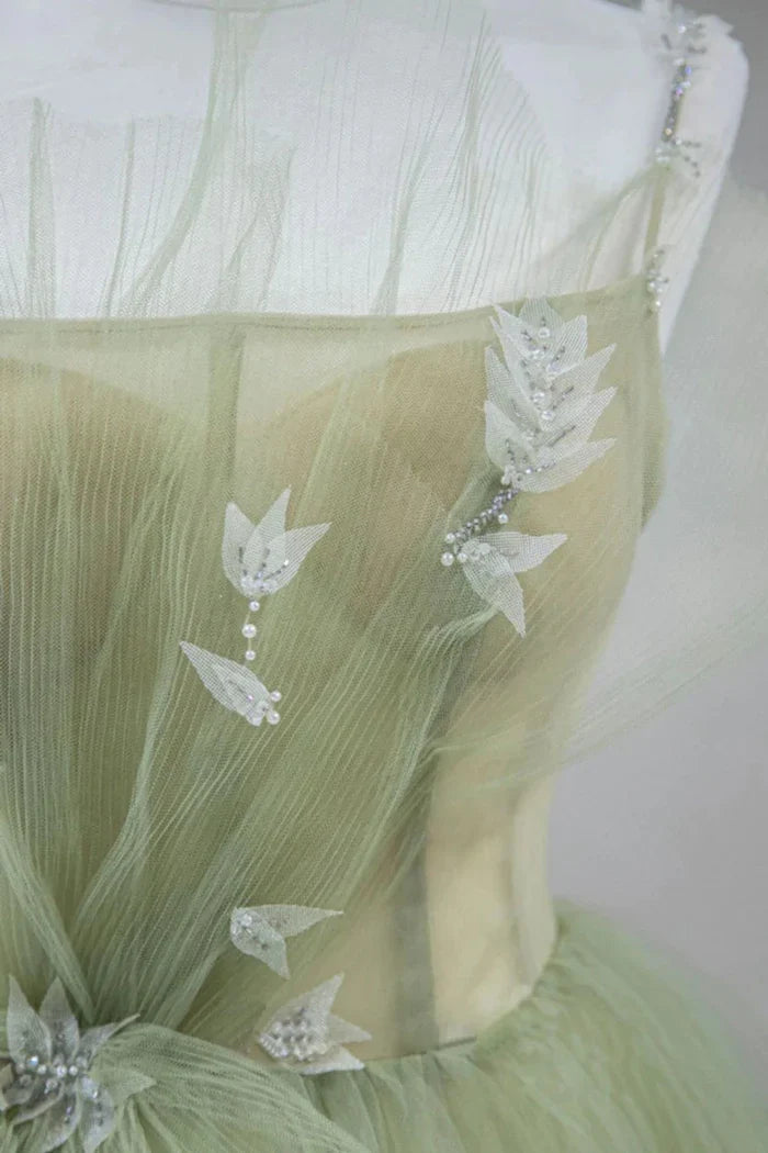 A-shaped tight fitting corset with sage green chiffon on the back long adult dress
