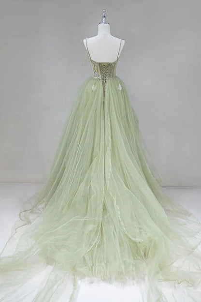 A-shaped tight fitting corset with sage green chiffon on the back long adult dress