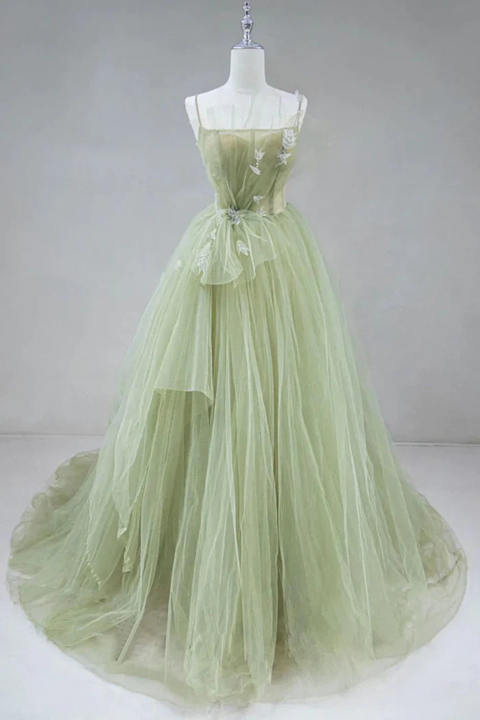 A-shaped tight fitting corset with sage green chiffon on the back long adult dress