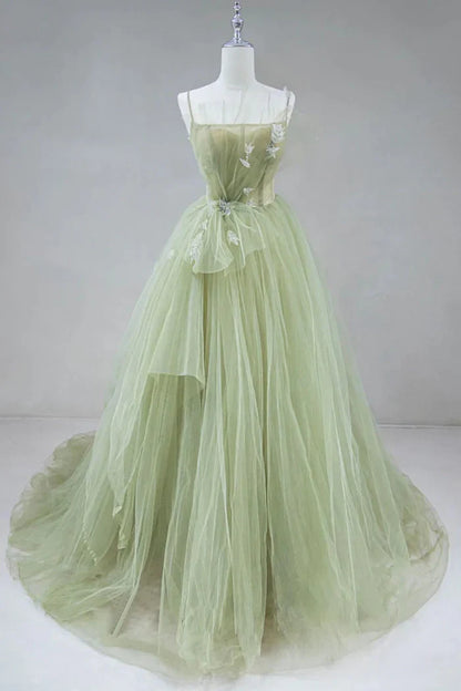 A-shaped tight fitting corset with sage green chiffon on the back long adult dress