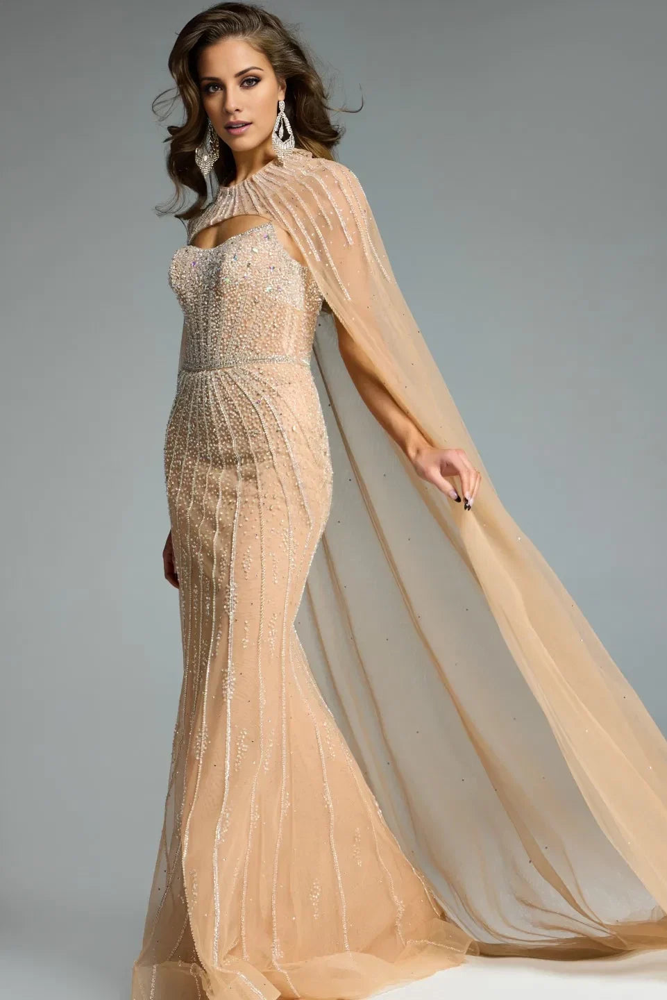 Elegant cape sweetheart neckline beaded tight corset mermaid and floor length evening dress
