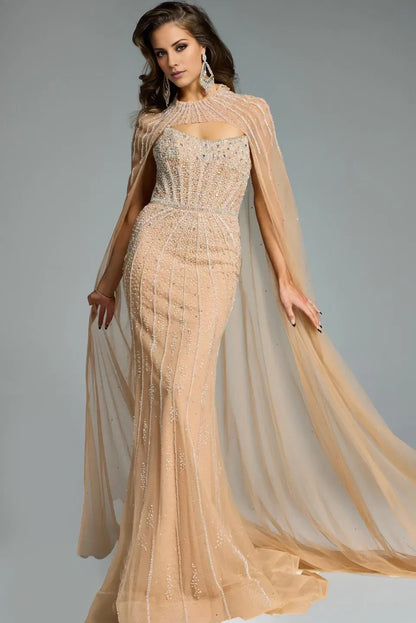 Elegant cape sweetheart neckline beaded tight corset mermaid and floor length evening dress