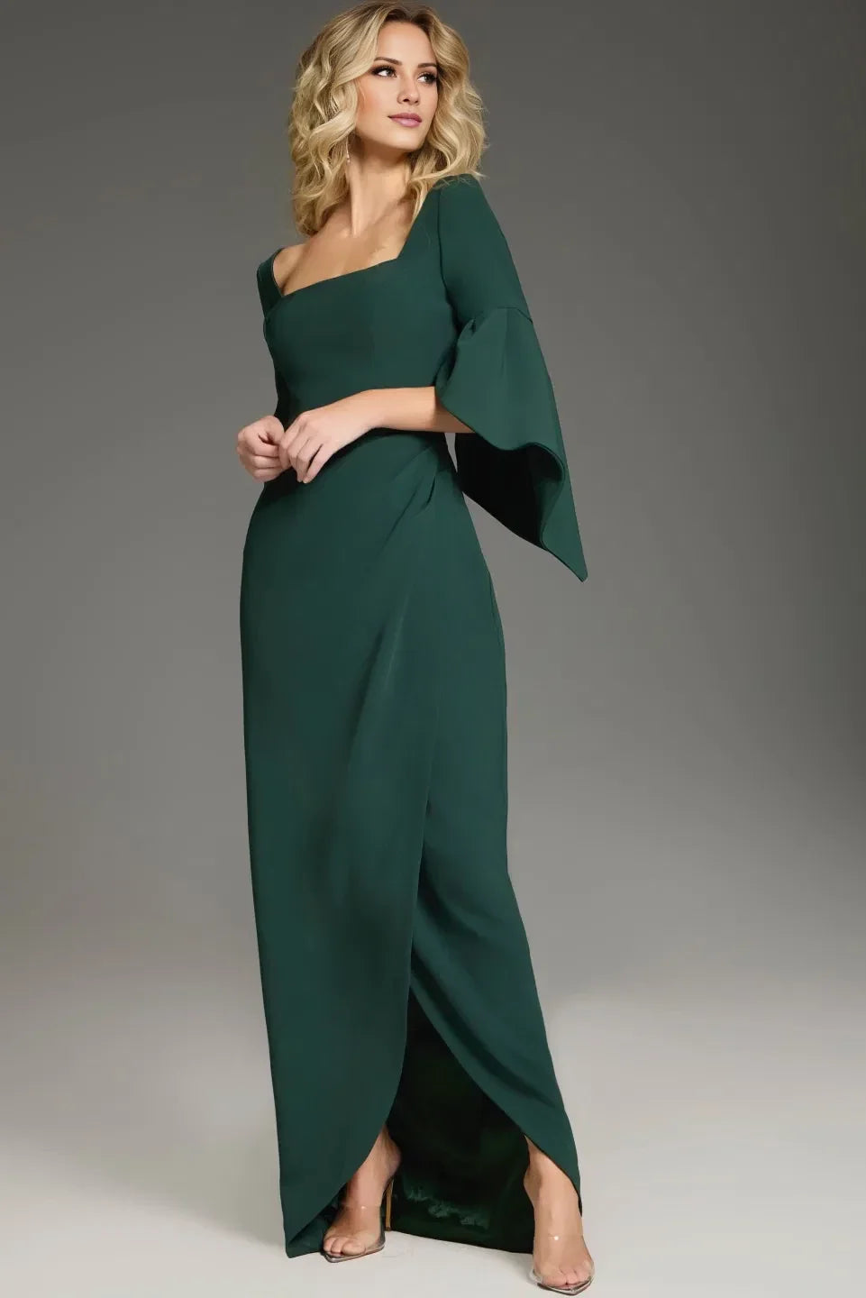 Elegant flared sleeves and floor length evening dress