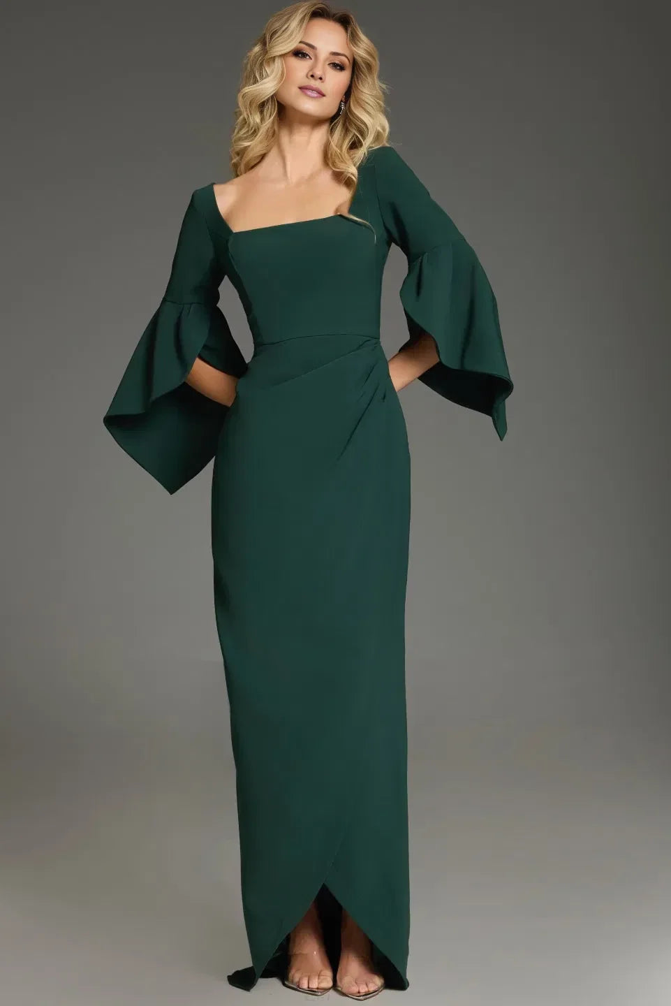 Elegant flared sleeves and floor length evening dress