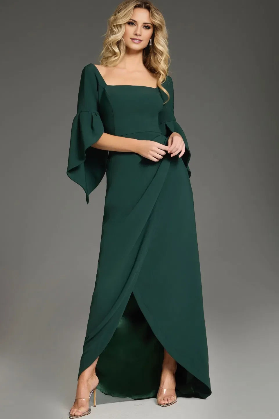 Elegant flared sleeves and floor length evening dress