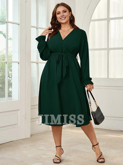 Plus size evening dress mid length dress winter long sleeved wrap V-neck belt A-line flowing party dress