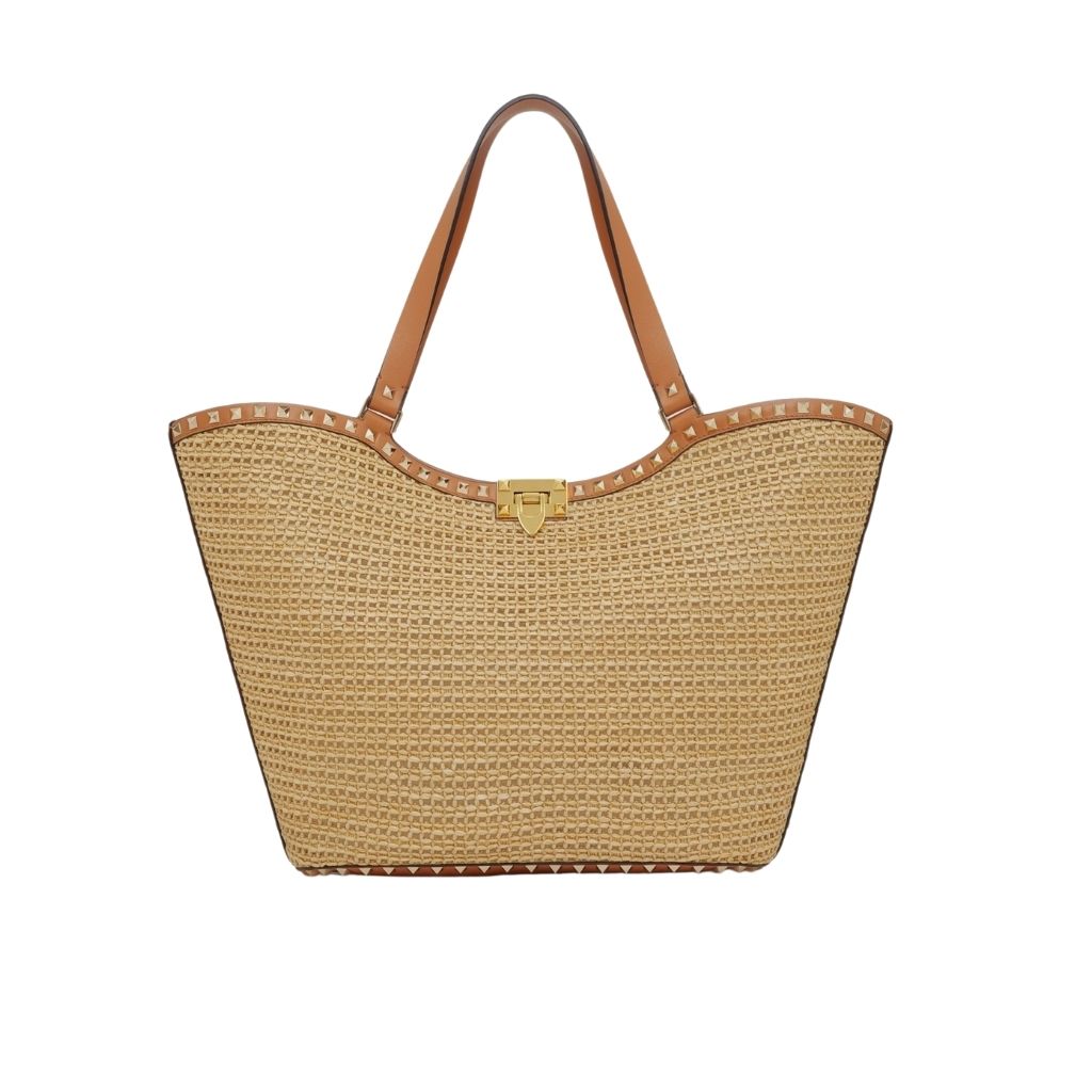 Valentino Garavani Rockstud Raffia Tote Bag Brown 31cm