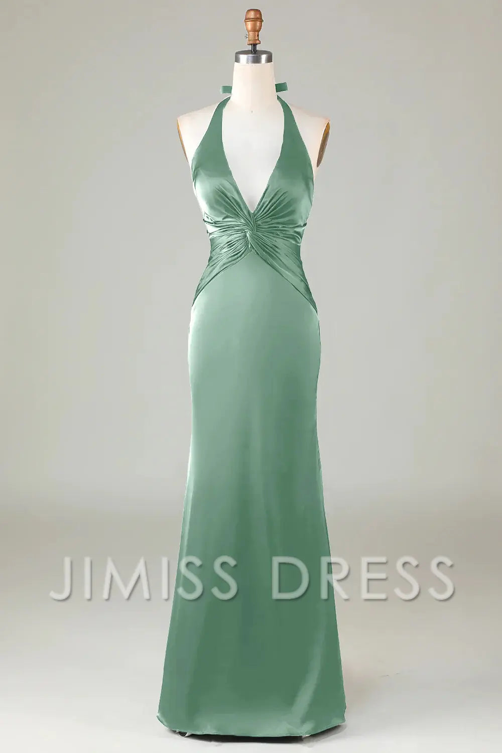 Elegant Mermaid Hanging Neck Sleeveless Deep Green Back Zip Floor-Length Satin Bridesmaid Dress