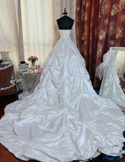 Vintage Strapless Satin Pleated Beaded Bridal Dress White Long Wedding Dress SP1611