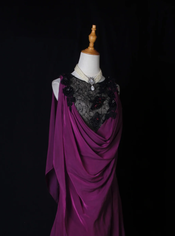 Elegant Sleeveless Purple Chiffon Lace Mermaid Long Party Dress Evening Gown With Beaded