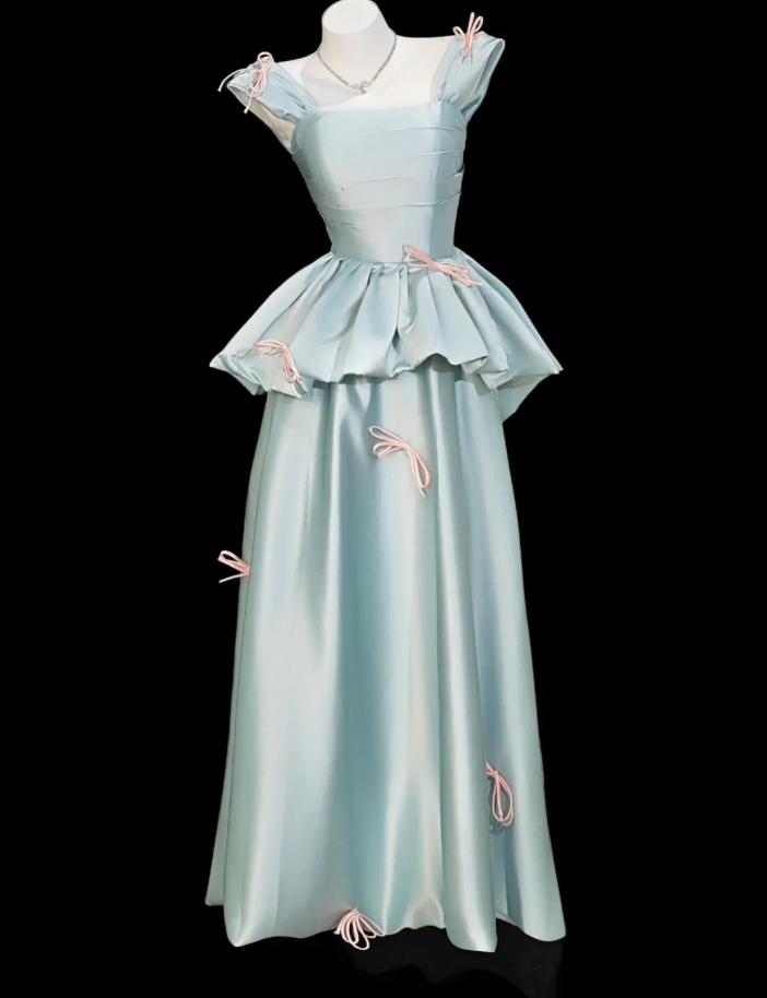 Pretty Blue Off The Shoulder Satin Long Birthday Party Dress Prom Gown With Bow