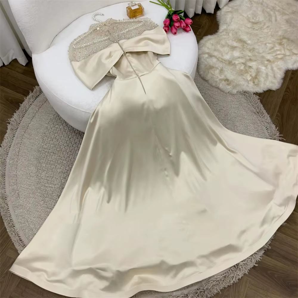 Elegant A-Line Evening Gown Elegant Dress Formal Floor Length Short Sleeve Illusion Neck Satin with Ruched Beading Prom Dress C3284