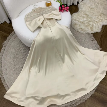 Elegant A-Line Evening Gown Elegant Dress Formal Floor Length Short Sleeve Illusion Neck Satin with Ruched Beading Prom Dress C3284