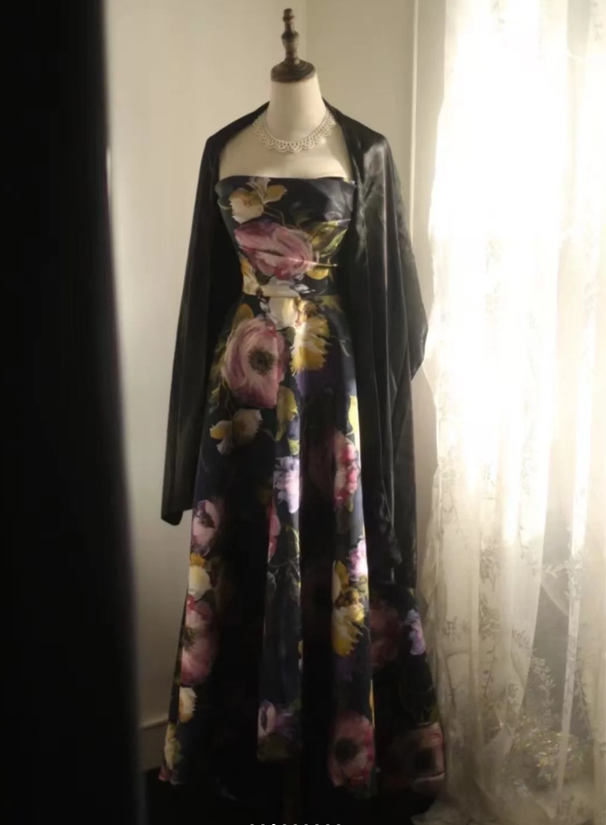 Pretty Strapless Satin Rose Print Floral Long Birthday Party Dress Evening Gown