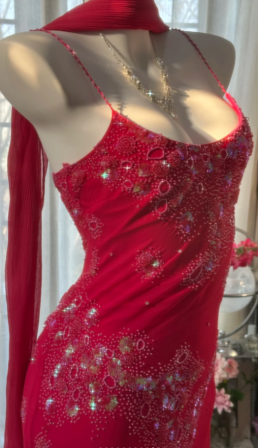 Pretty Red Spaghetti Straps Chiffon Beaded Mermaid Evening Dress Long Birthday Party Dress Prom Gown