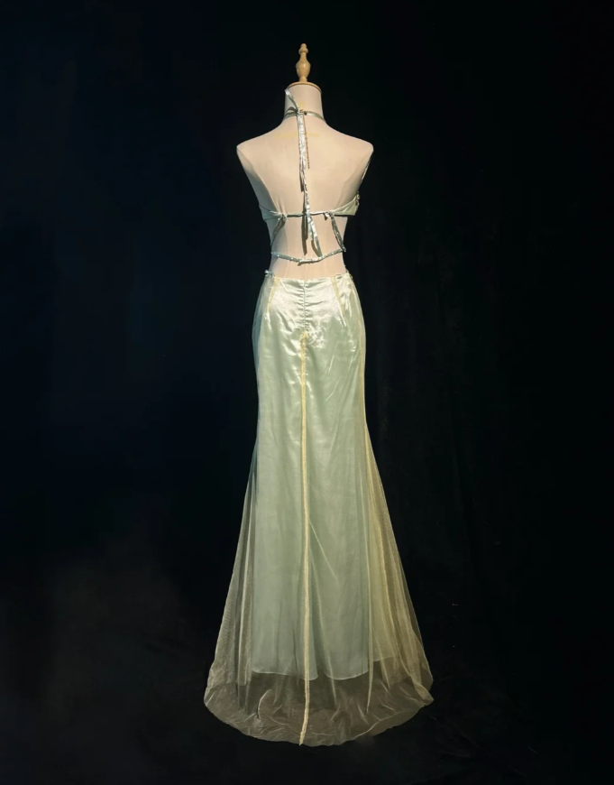 Pretty Sage Green Halter Satin Tulle Butterfly Beaded Mermaid Evening Dress Long Party Gown SP1864
