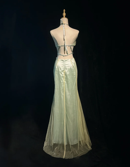 Pretty Sage Green Halter Satin Tulle Butterfly Beaded Mermaid Evening Dress Long Party Gown SP1864