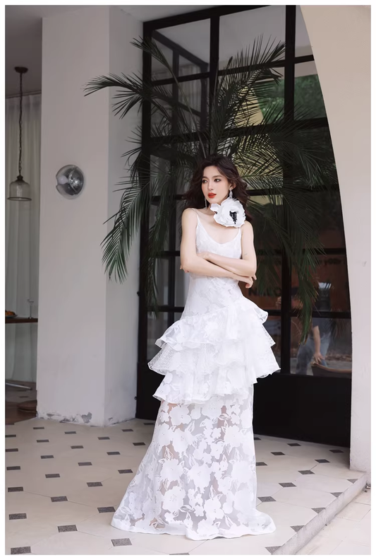 Fairy Spaghetti Strap White Lace Ruffle Layered Mermaid Long Prom Dress Evening Gowns
