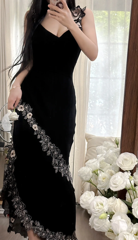 Fashion Spaghetti Straps Black Satin Mermaid Long Party Dress Prom Gown With Appliques