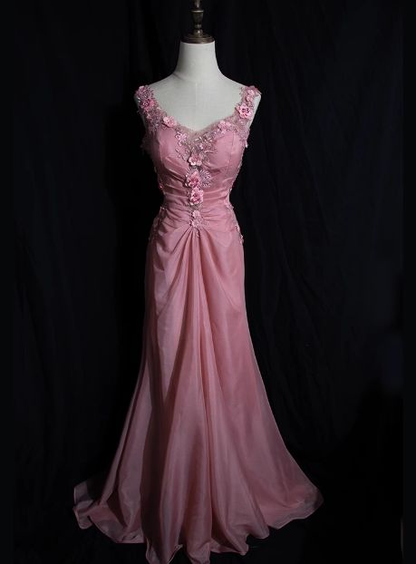 Retro V Neck Sleeveless Pink Beaded 3D Appliques  Long Prom Dress Backless Mermaid Birthday Party Dress SP491