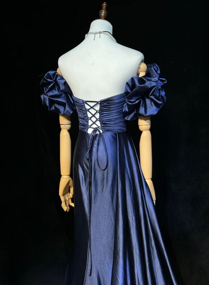 Elegant Off The Shoulder Navy Blue Satin Beaded Mermaid Long Evening Dress 18th Birthday Outfits SP1960