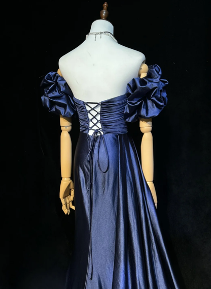 Elegant Off The Shoulder Navy Blue Satin Beaded Mermaid Long Evening Dress 18th Birthday Outfits SP1960