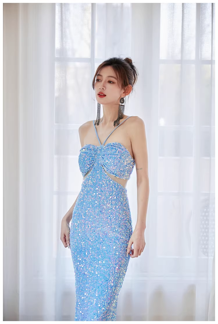 Glitter Blue Sequin Mermaid Long Wedding Guest Dress Formal Evening Dress Party Gown