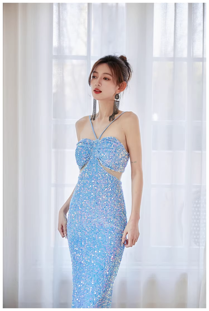 Glitter Blue Sequin Mermaid Long Wedding Guest Dress Formal Evening Dress Party Gown