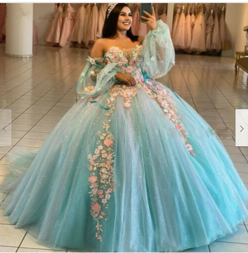 Blue Ball Gown Quinceanera Dresses Off Shoulder Long Sleeve Corset Sweep Train C1915